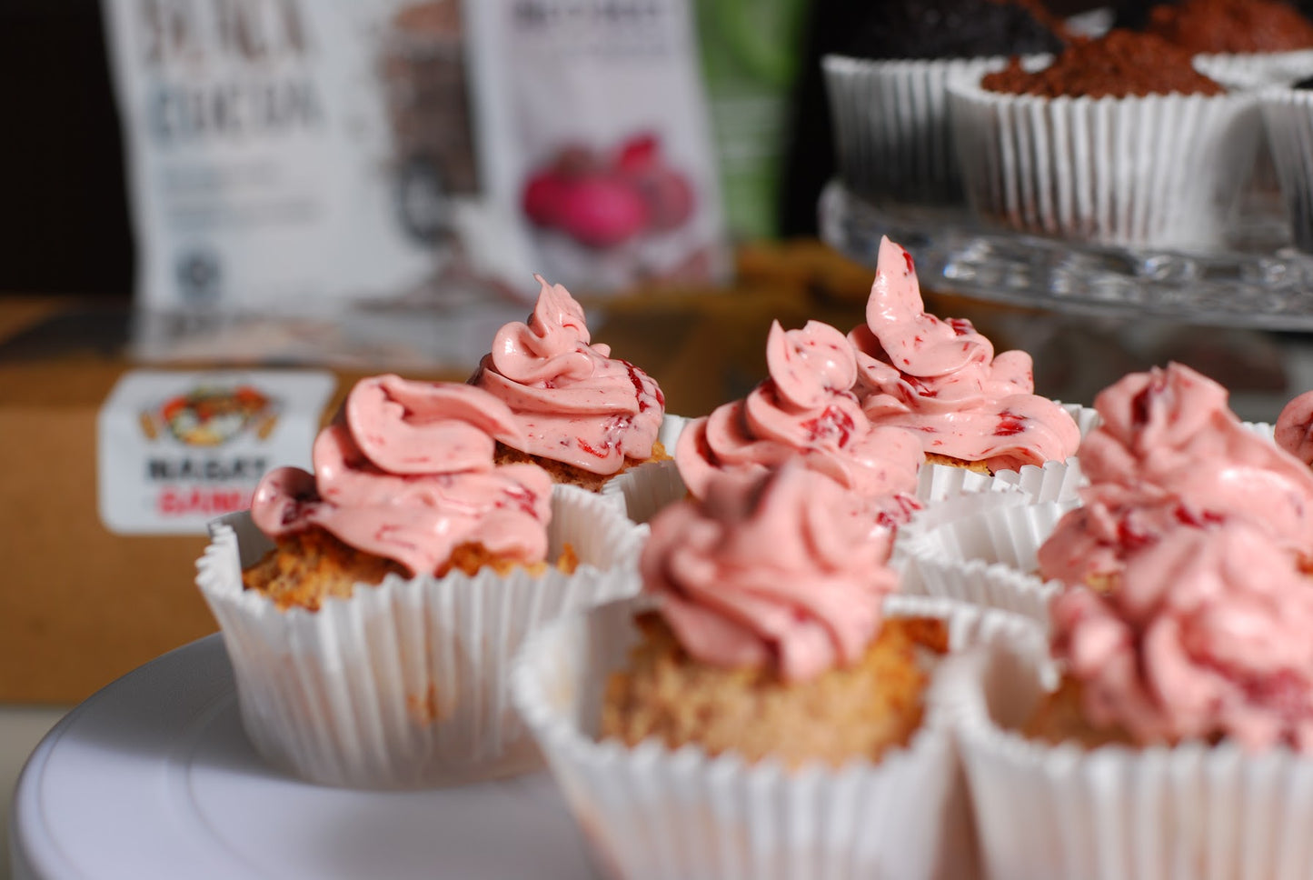 Gluten free no sugar added. Fresh Strawberry Muffins with Fresh Strawberry Keto Frosting